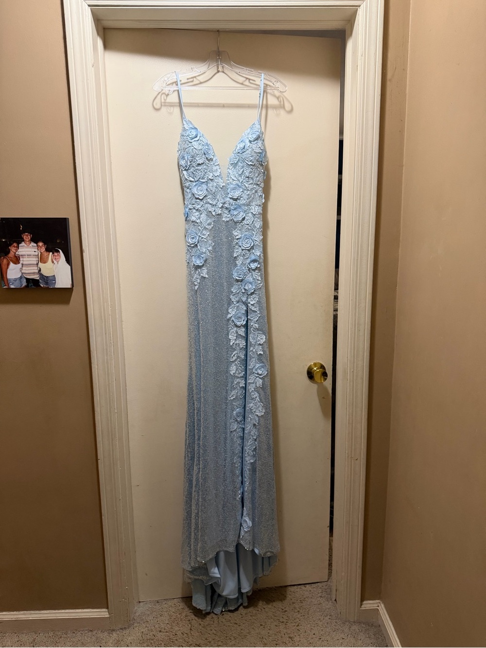 Jovani Light Blue Floral Appliqué Spaghetti-Strap Prom Gown